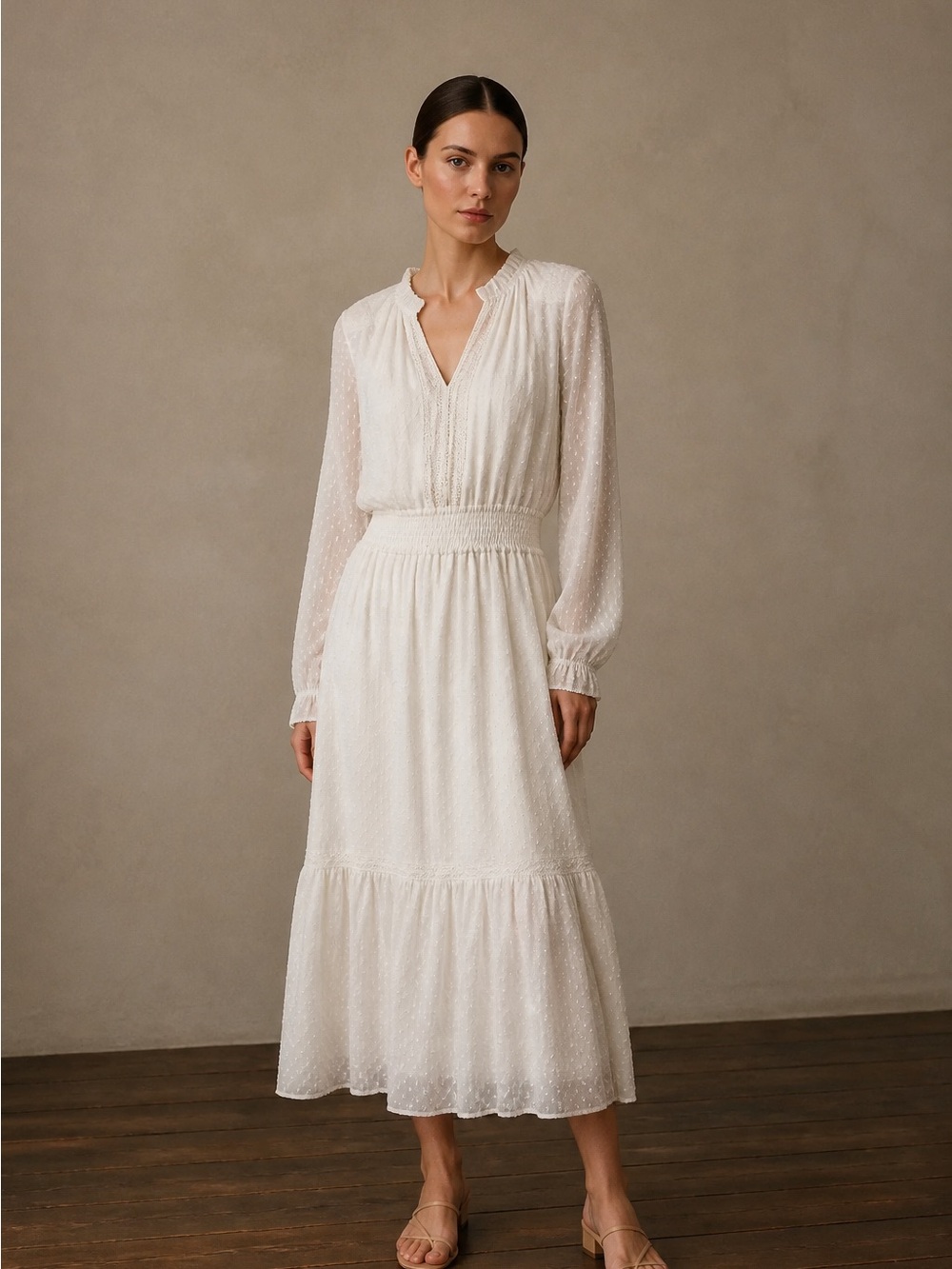 Lauren Ralph Lauren Elegant White Swiss Dot Midi Dress - Women's